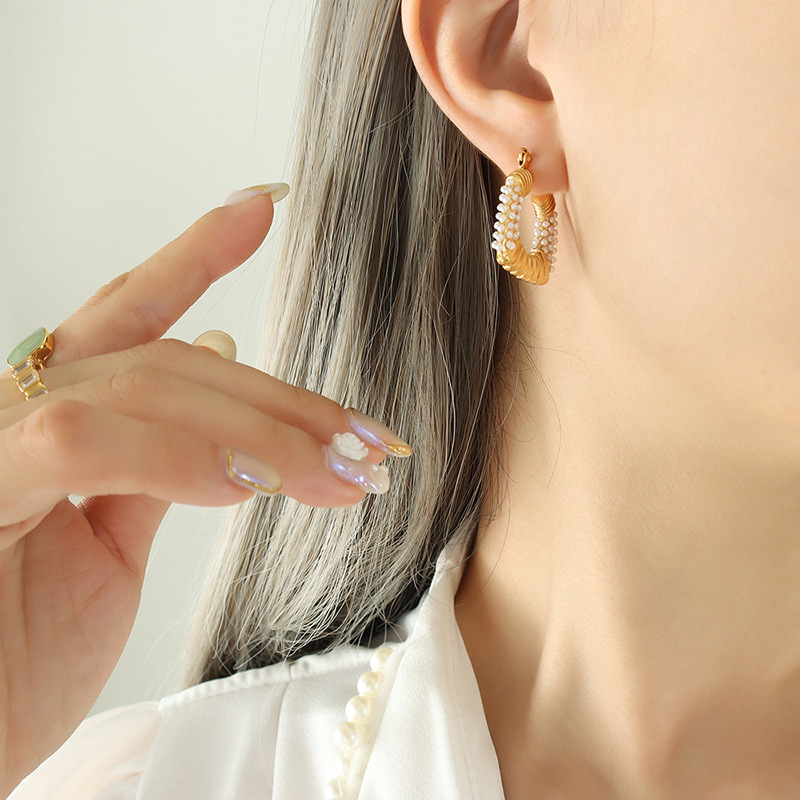 U Shape Earrings For Women With Artificial Pearl Design, 18K Gold Plated Titanium Steel