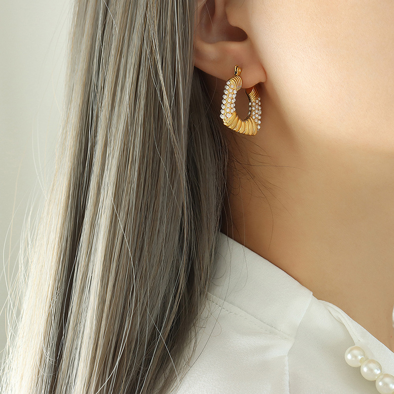 U Shape Earrings For Women With Artificial Pearl Design, 18K Gold Plated Titanium Steel 2