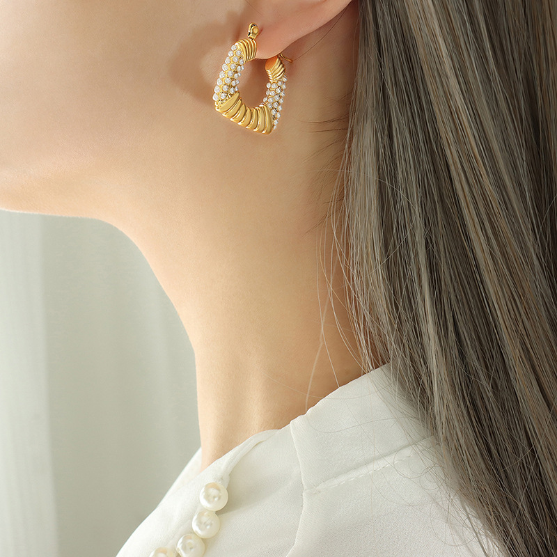 U Shape Earrings For Women With Artificial Pearl Design, 18K Gold Plated Titanium Steel 3