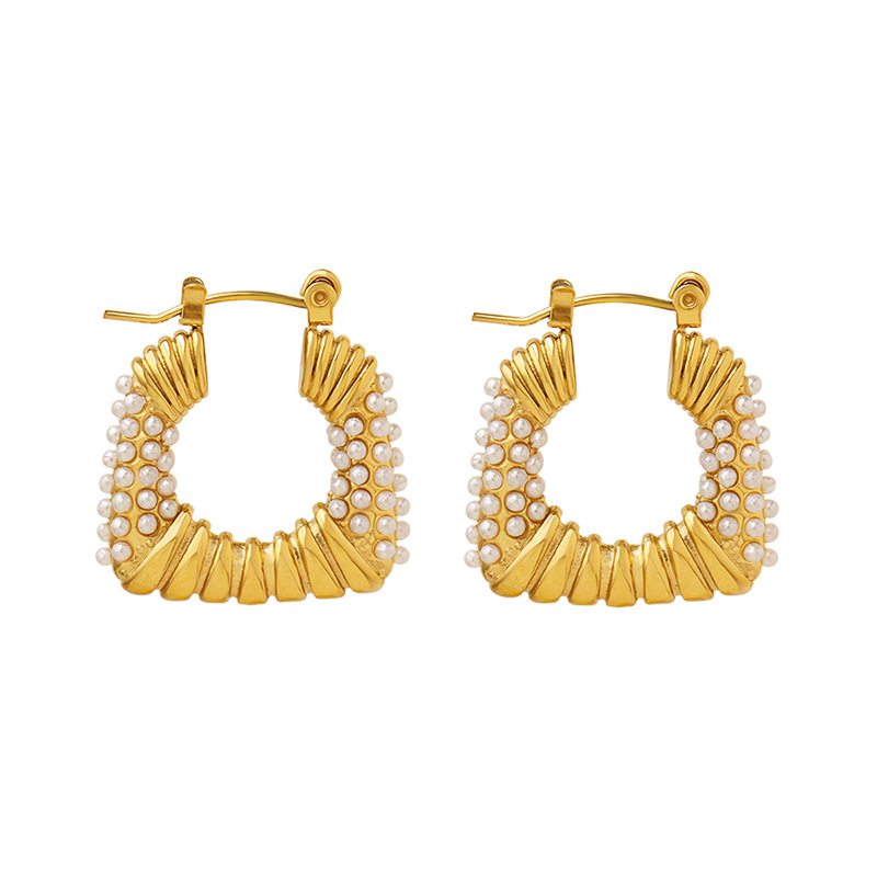 U Shape Earrings For Women With Artificial Pearl Design, 18K Gold Plated Titanium Steel 4