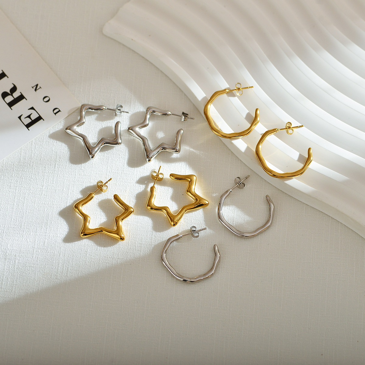 Star Pattern Waterproof Non Tarnish Stud Earrings For Women In Gold Plated 304 Stainless Steel With PVD Coated Finish