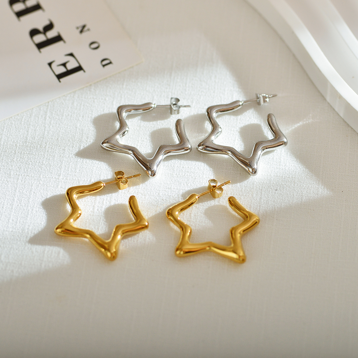 Star Pattern Waterproof Non Tarnish Stud Earrings For Women In Gold Plated 304 Stainless Steel With PVD Coated Finish 3