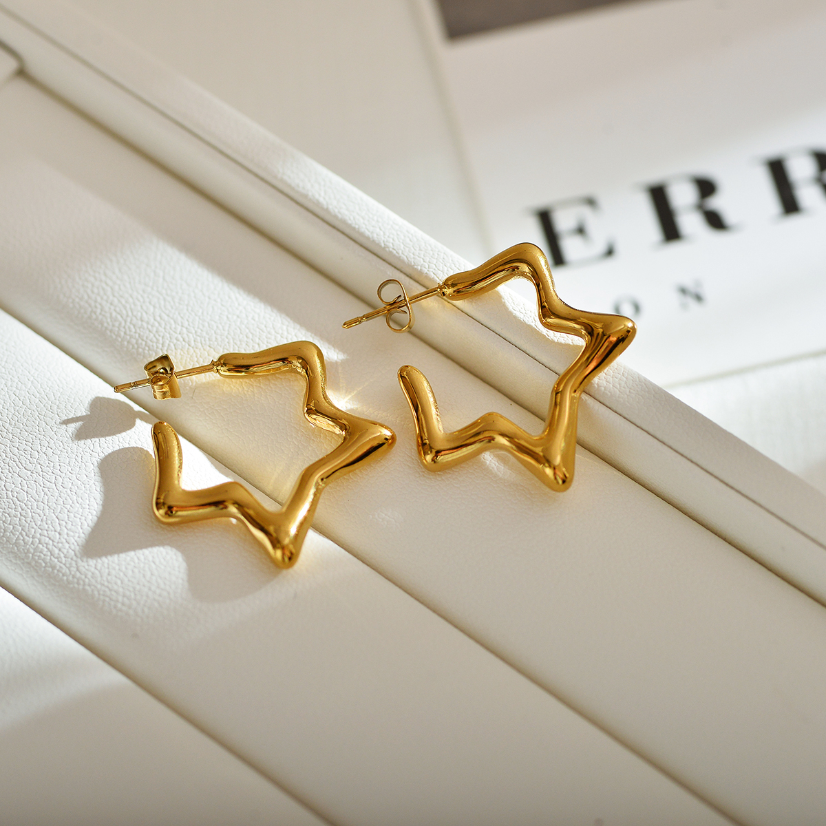 Star Pattern Waterproof Non Tarnish Stud Earrings For Women In Gold Plated 304 Stainless Steel With PVD Coated Finish 4