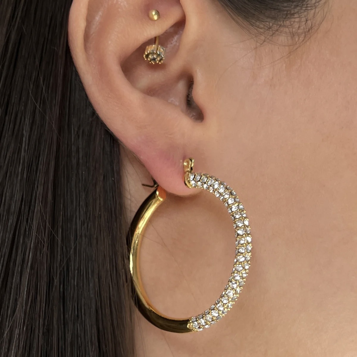 U Shape Hoop Earrings For Women In Titanium Steel With Rhinestones, Electroplated Finish, Ins Style 3