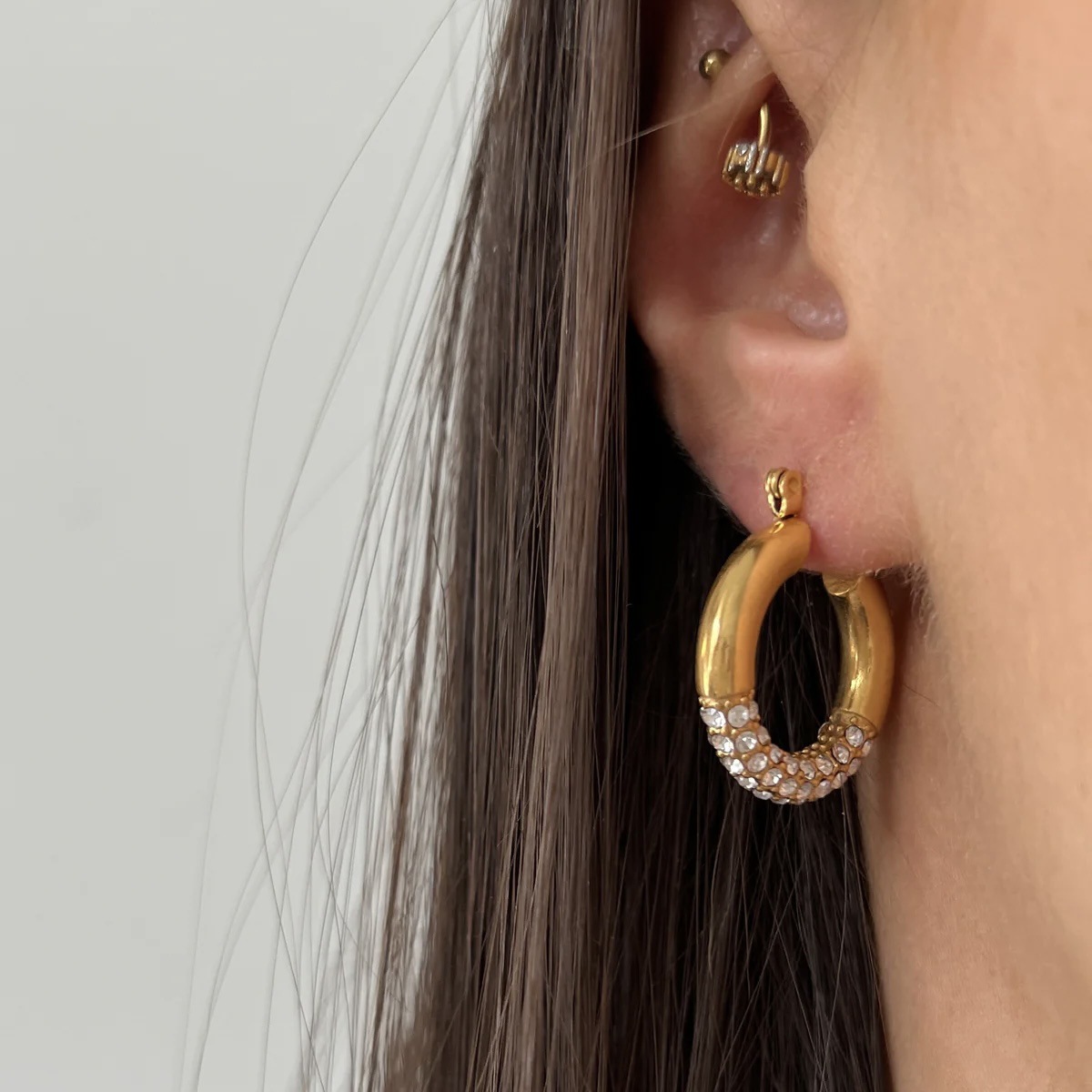 U Shape Hoop Earrings For Women In Titanium Steel With Rhinestones, Electroplated Finish, Ins Style 4