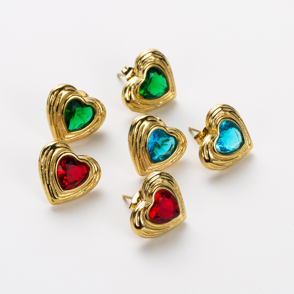 Heart Shape Earrings For Women With 304 Stainless Steel Ear Pins, 14K Gold Plated And Rhinestone Inlay Featuring PVD Vacuum Plating