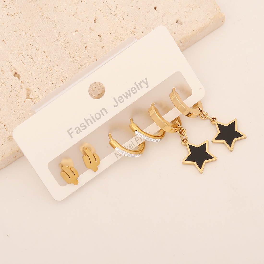 Star Earrings For Women, 1 Set, Waterproof Non Tarnish Stainless Steel With 18K Gold Plating And Zircon Inlay 2