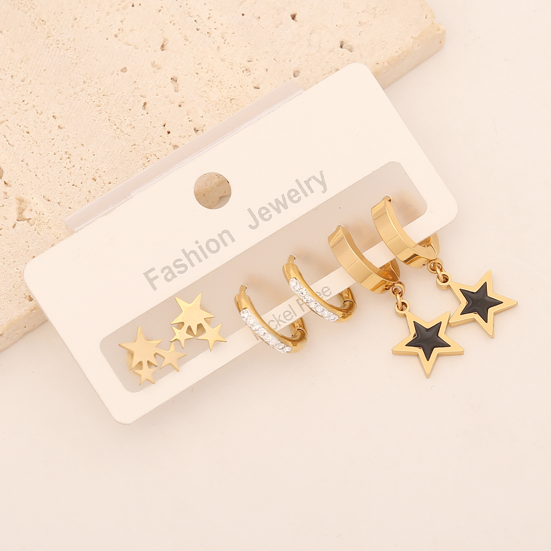 Star Earrings For Women, 1 Set, Waterproof Non Tarnish Stainless Steel With 18K Gold Plating And Zircon Inlay 9