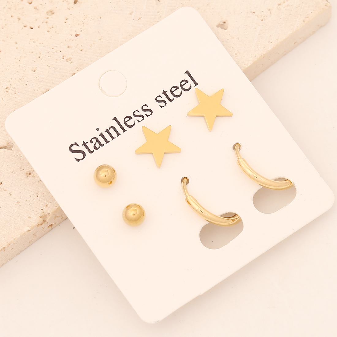 Star Earrings For Women, 1 Set, 18K Gold Plated Stainless Steel In Elegant Gold Tone 9