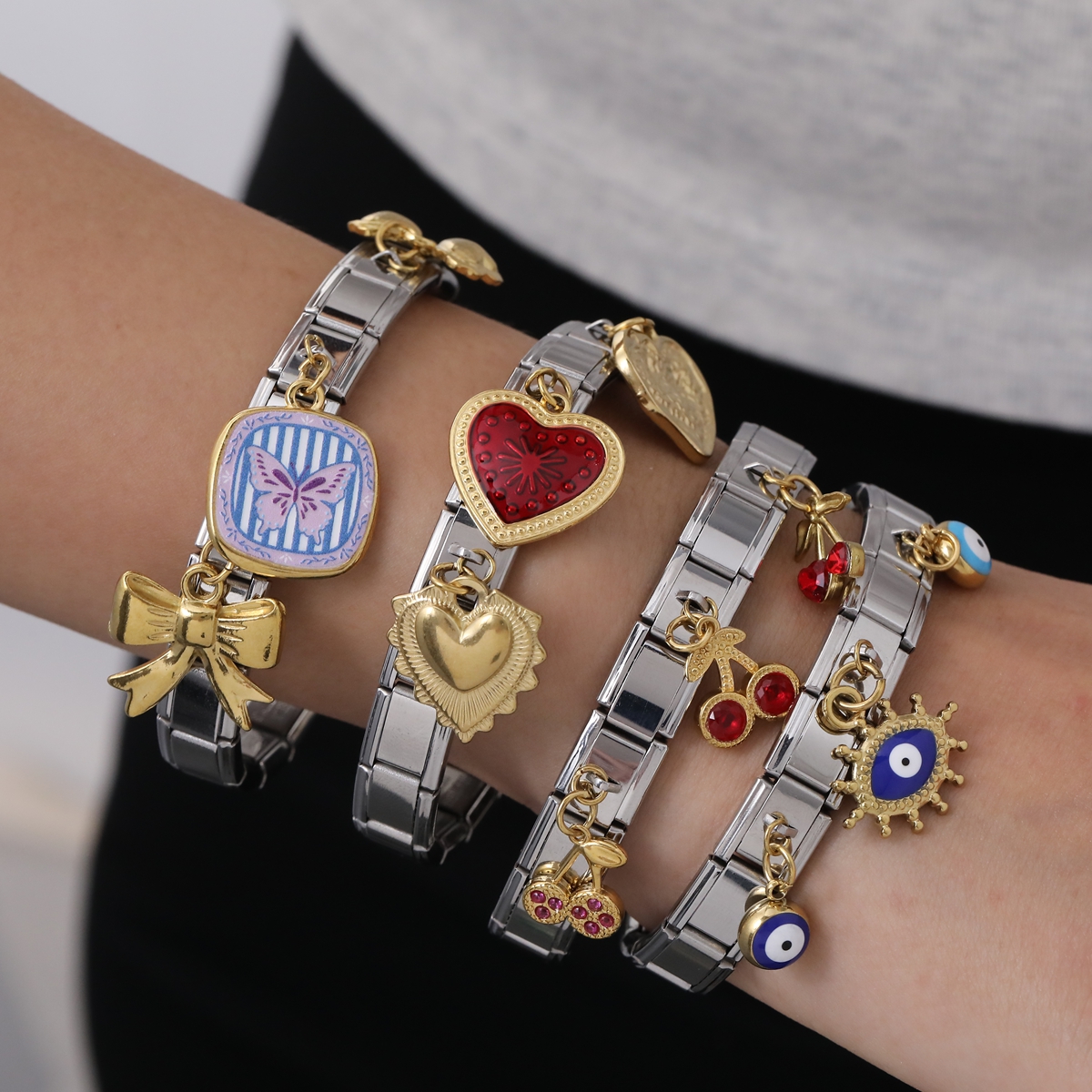 Versatile 18K Gold Plated Stainless Steel Zircon Heart Butterfly Knot Pendant Bracelet Trendy Matching Jewelry Gift For Him And Her