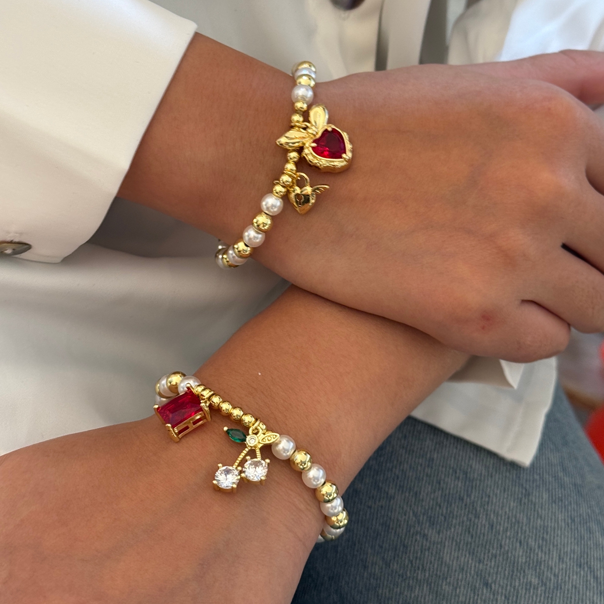 18K Gold Plated Cherry Geometric Zircon Acrylic Copper Vintage Romantic Sweet No Clasp Adjustable Bracelet
