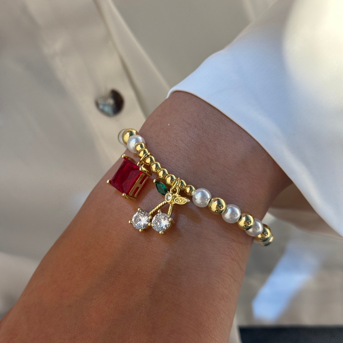 18K Gold Plated Cherry Geometric Zircon Acrylic Copper Vintage Romantic Sweet No Clasp Adjustable Bracelet 2