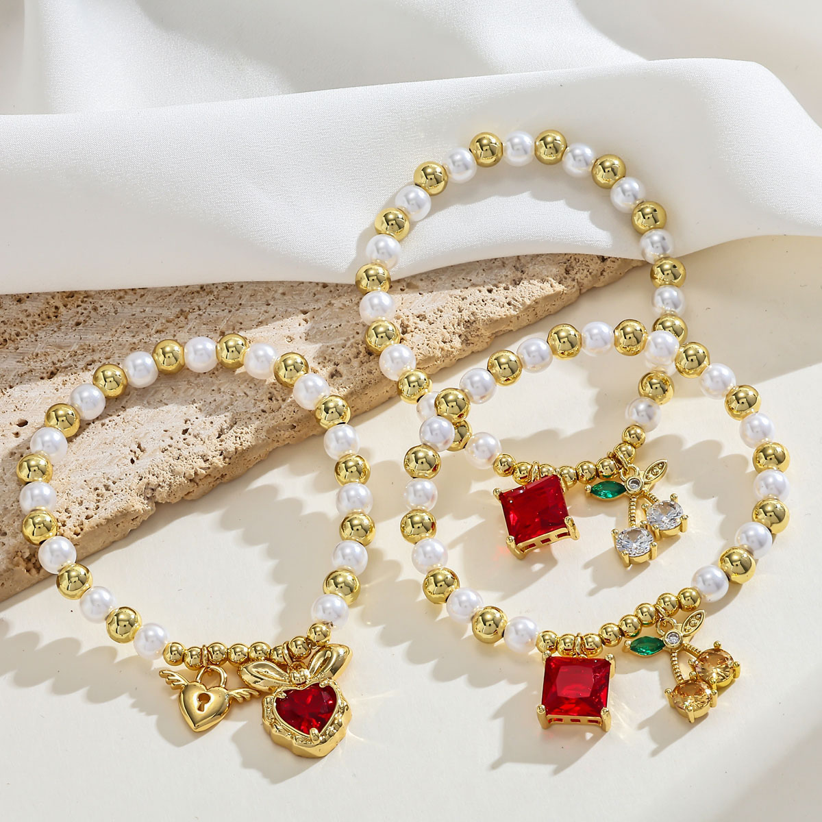 18K Gold Plated Cherry Geometric Zircon Acrylic Copper Vintage Romantic Sweet No Clasp Adjustable Bracelet 3