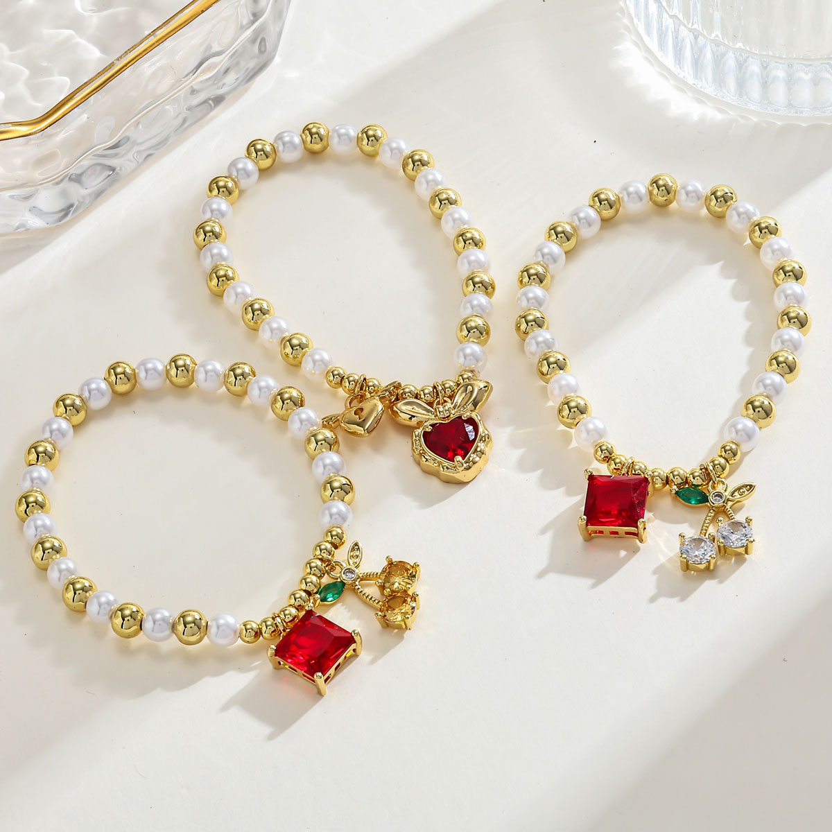 18K Gold Plated Cherry Geometric Zircon Acrylic Copper Vintage Romantic Sweet No Clasp Adjustable Bracelet 4