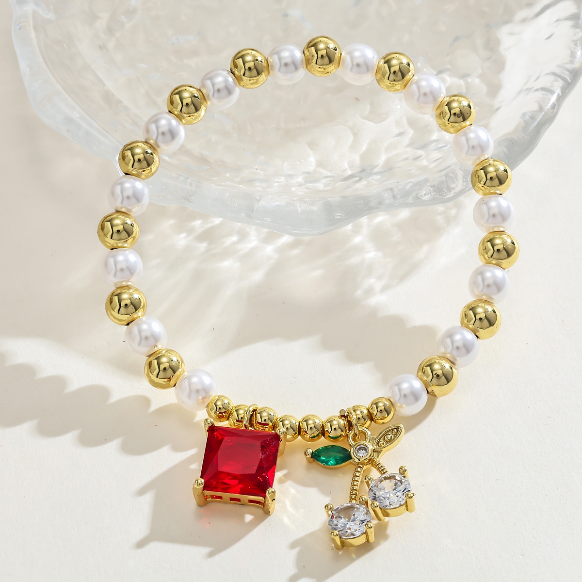 18K Gold Plated Cherry Geometric Zircon Acrylic Copper Vintage Romantic Sweet No Clasp Adjustable Bracelet 5