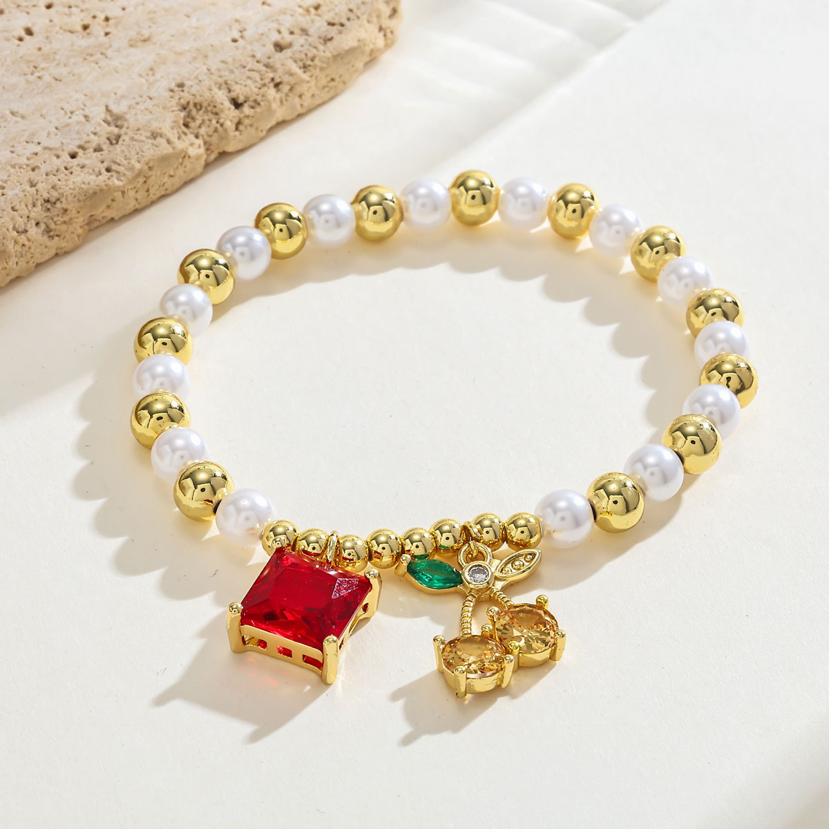 18K Gold Plated Cherry Geometric Zircon Acrylic Copper Vintage Romantic Sweet No Clasp Adjustable Bracelet 6