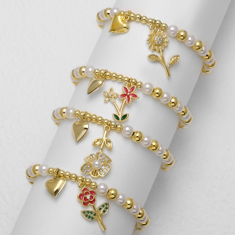 18K Gold Plated Copper Pearl Flower Heart Pendant Bracelet Women's Fashion Jewelry Everyday Wear Simple Style Beaded Chain