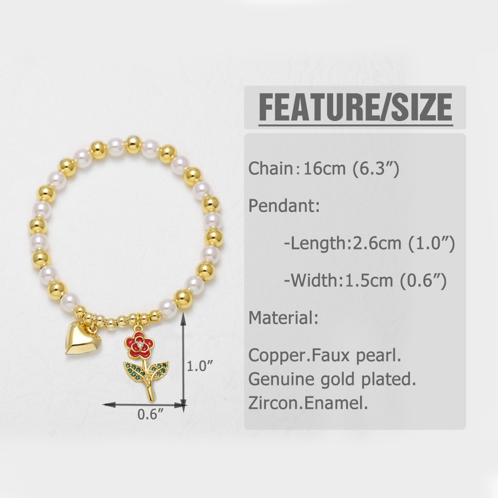 18K Gold Plated Copper Pearl Flower Heart Pendant Bracelet Women's Fashion Jewelry Everyday Wear Simple Style Beaded Chain 2