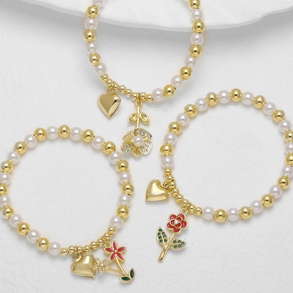 18K Gold Plated Copper Pearl Flower Heart Pendant Bracelet Women's Fashion Jewelry Everyday Wear Simple Style Beaded Chain 3