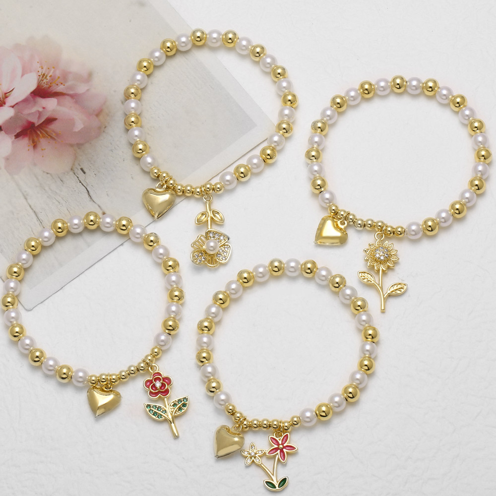 18K Gold Plated Copper Pearl Flower Heart Pendant Bracelet Women's Fashion Jewelry Everyday Wear Simple Style Beaded Chain 4