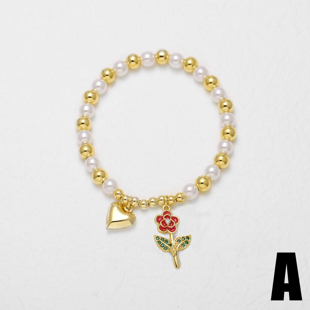 18K Gold Plated Copper Pearl Flower Heart Pendant Bracelet Women's Fashion Jewelry Everyday Wear Simple Style Beaded Chain 5