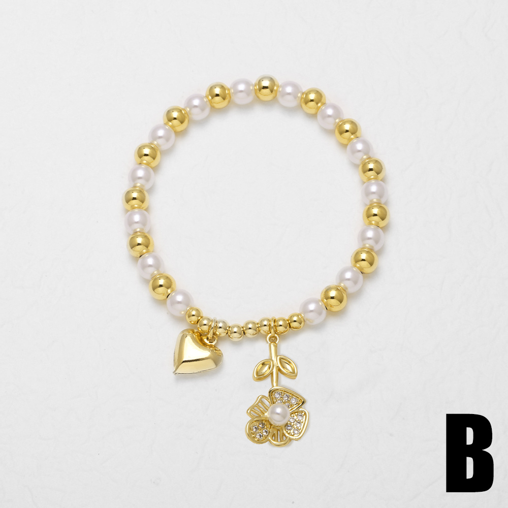 18K Gold Plated Copper Pearl Flower Heart Pendant Bracelet Women's Fashion Jewelry Everyday Wear Simple Style Beaded Chain 6