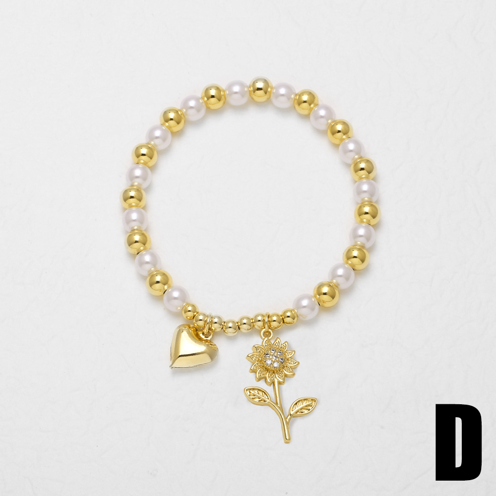 18K Gold Plated Copper Pearl Flower Heart Pendant Bracelet Women's Fashion Jewelry Everyday Wear Simple Style Beaded Chain 7