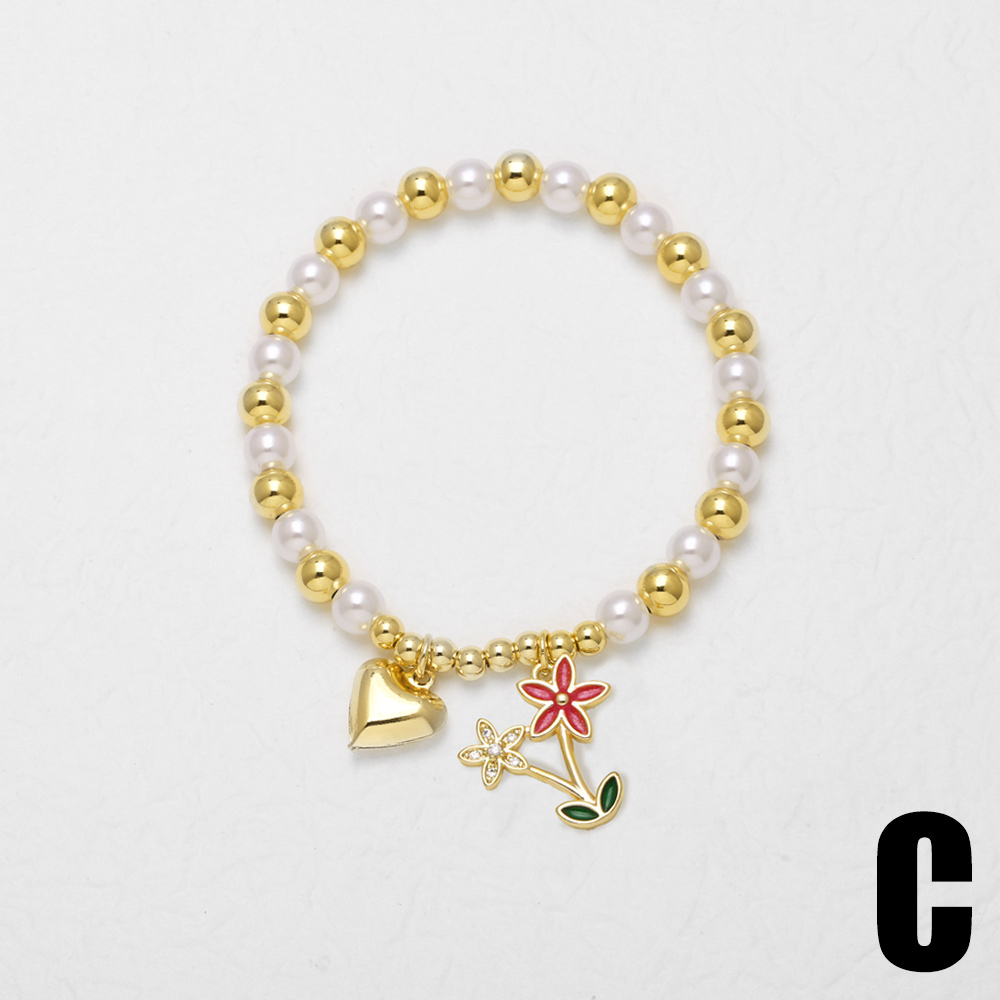 18K Gold Plated Copper Pearl Flower Heart Pendant Bracelet Women's Fashion Jewelry Everyday Wear Simple Style Beaded Chain 8