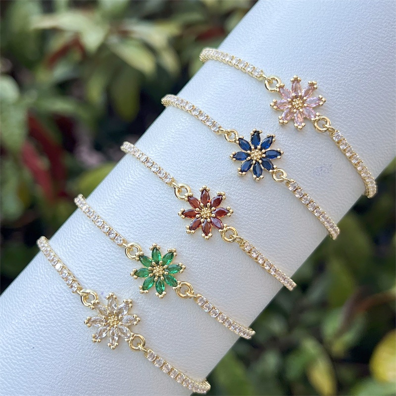 18K Gold Plated Copper Universal Electroplated Zircon Flower Inlaid Shiny Box Chain Bracelet Multiple Colors Adjustable For Women