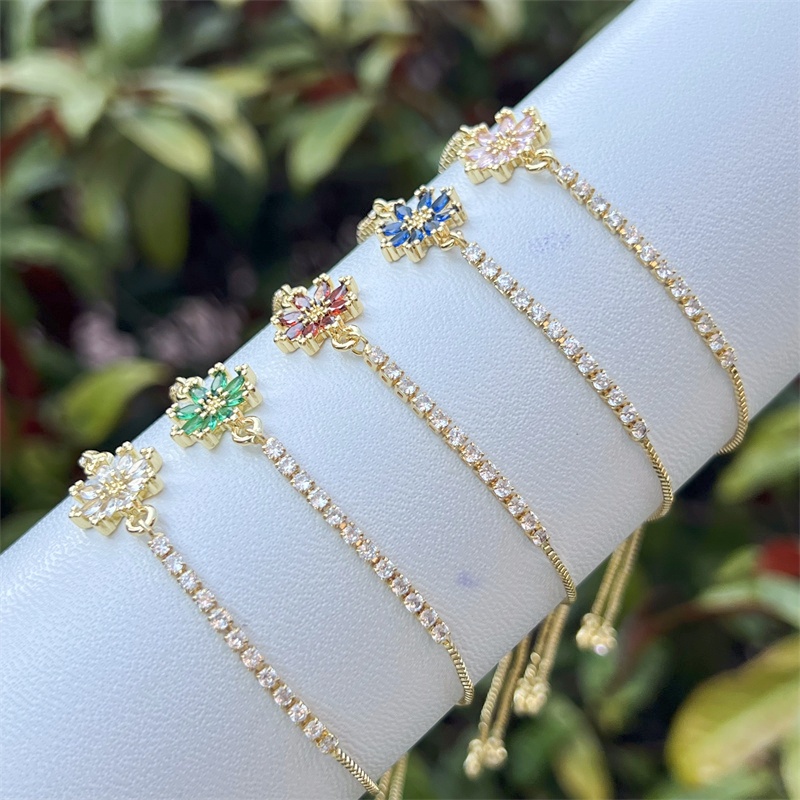 18K Gold Plated Copper Universal Electroplated Zircon Flower Inlaid Shiny Box Chain Bracelet Multiple Colors Adjustable For Women 3