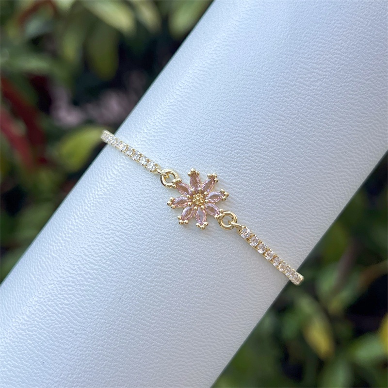 18K Gold Plated Copper Universal Electroplated Zircon Flower Inlaid Shiny Box Chain Bracelet Multiple Colors Adjustable For Women 6
