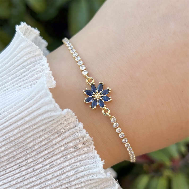18K Gold Plated Copper Universal Electroplated Zircon Flower Inlaid Shiny Box Chain Bracelet Multiple Colors Adjustable For Women 7