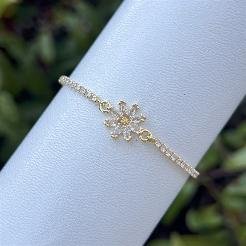 18K Gold Plated Copper Universal Electroplated Zircon Flower Inlaid Shiny Box Chain Bracelet Multiple Colors Adjustable For Women 8