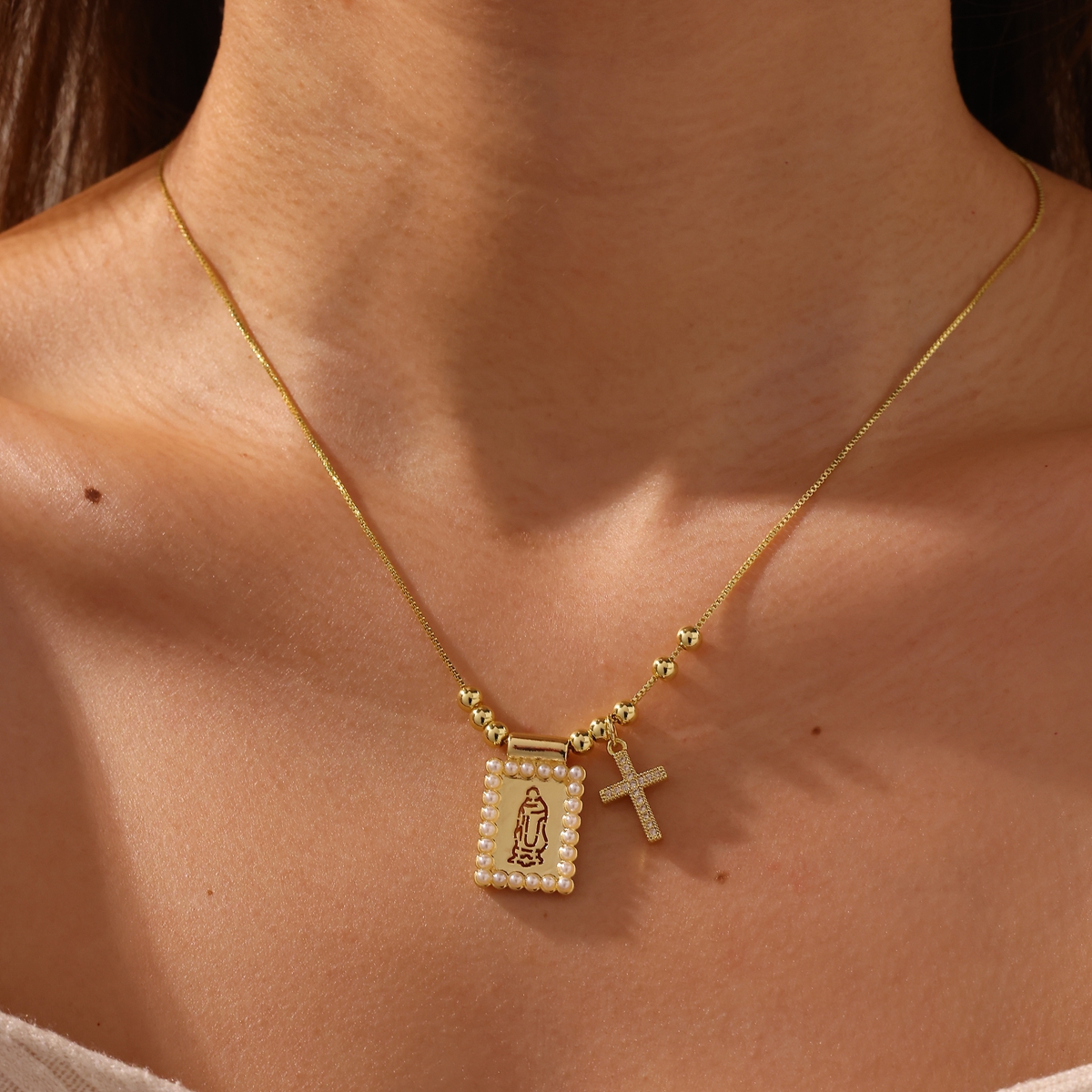18K Gold Plated Copper Water Plated And Color Retention Imitation Pearl Cross Square Heart Shape (Jewelry) Waterproof Non-Fading Box Chain/Square Pearl Chain Pendant Necklace For Women Valentine's Day 3