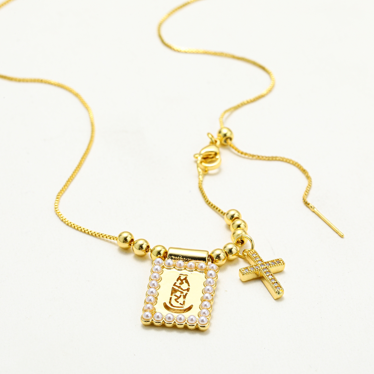 18K Gold Plated Copper Water Plated And Color Retention Imitation Pearl Cross Square Heart Shape (Jewelry) Waterproof Non-Fading Box Chain/Square Pearl Chain Pendant Necklace For Women Valentine's Day 4