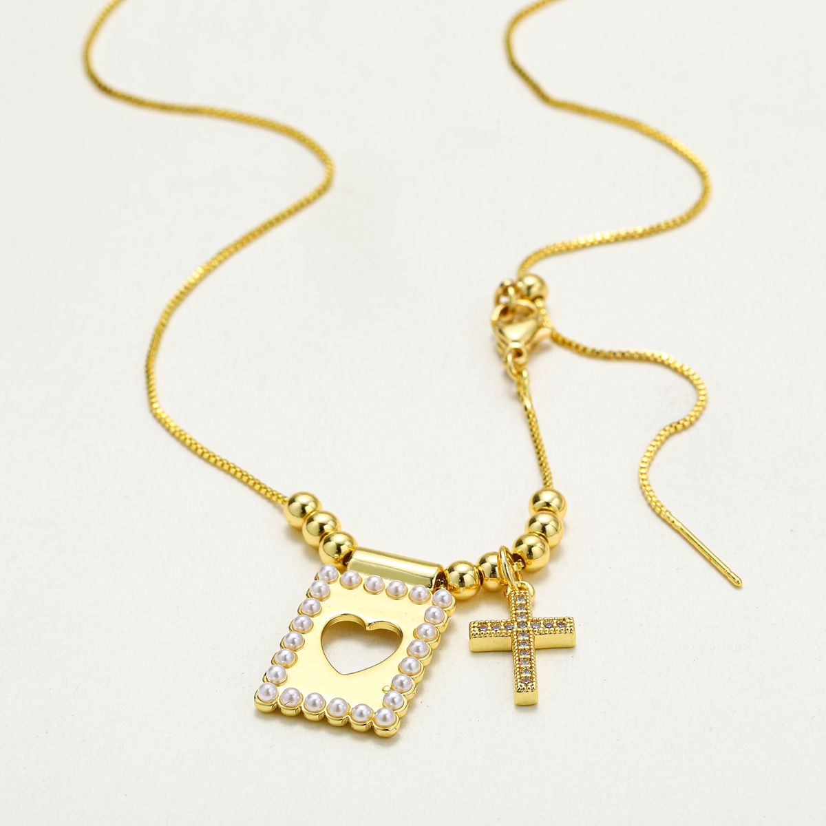 18K Gold Plated Copper Water Plated And Color Retention Imitation Pearl Cross Square Heart Shape (Jewelry) Waterproof Non-Fading Box Chain/Square Pearl Chain Pendant Necklace For Women Valentine's Day 5