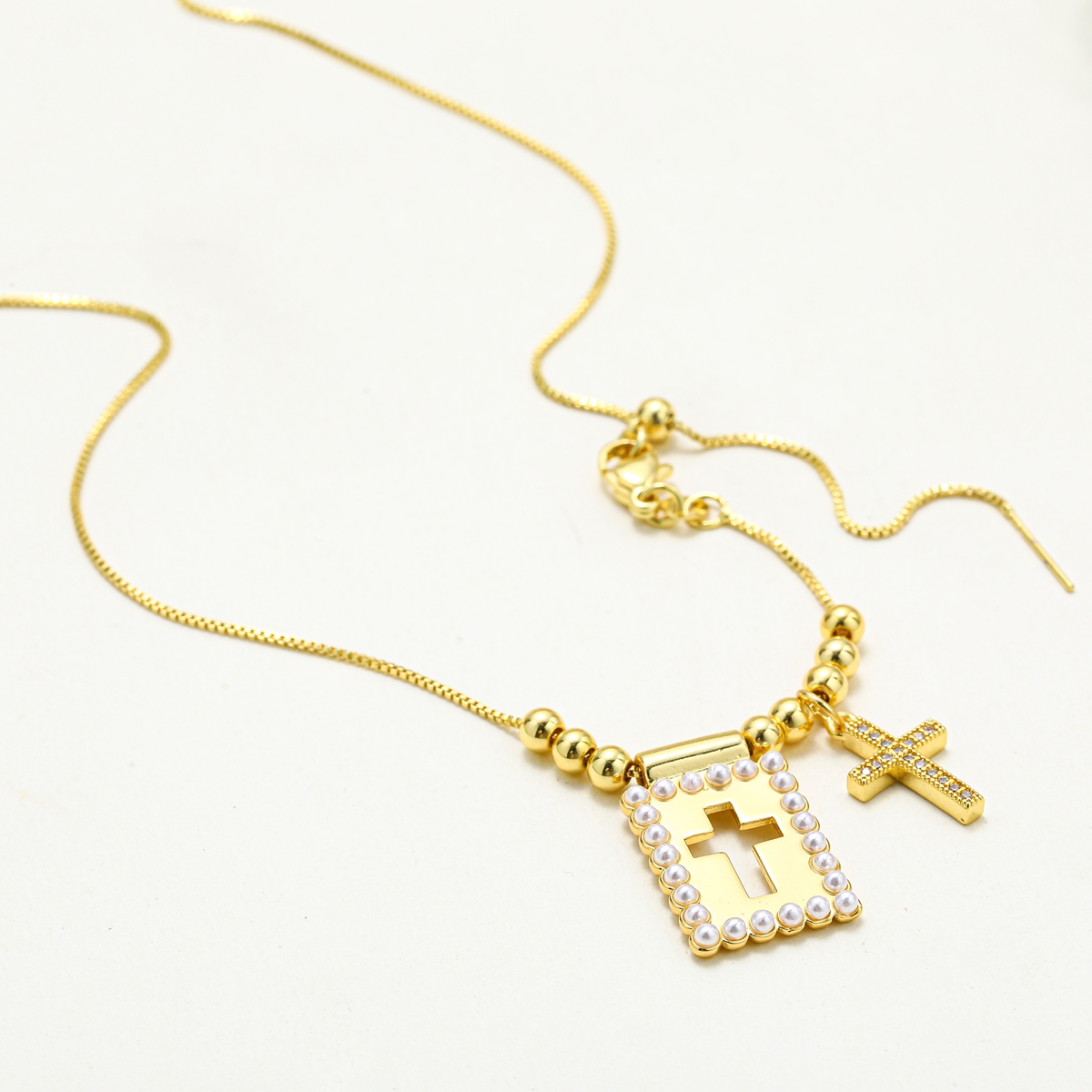 18K Gold Plated Copper Water Plated And Color Retention Imitation Pearl Cross Square Heart Shape (Jewelry) Waterproof Non-Fading Box Chain/Square Pearl Chain Pendant Necklace For Women Valentine's Day 6