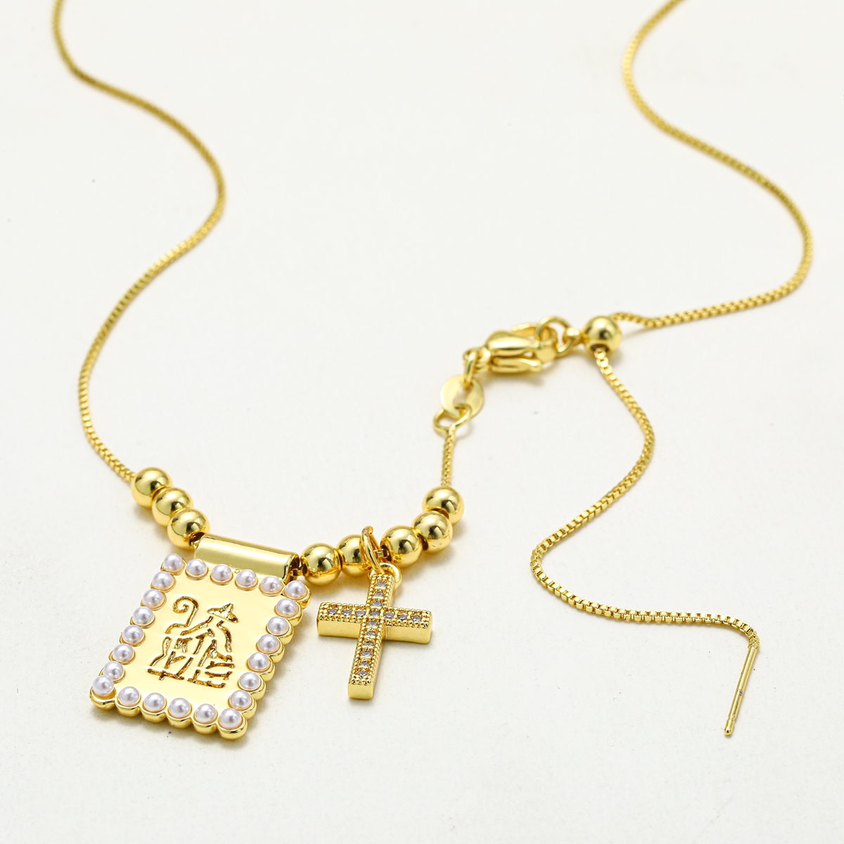 18K Gold Plated Copper Water Plated And Color Retention Imitation Pearl Cross Square Heart Shape (Jewelry) Waterproof Non-Fading Box Chain/Square Pearl Chain Pendant Necklace For Women Valentine's Day 7