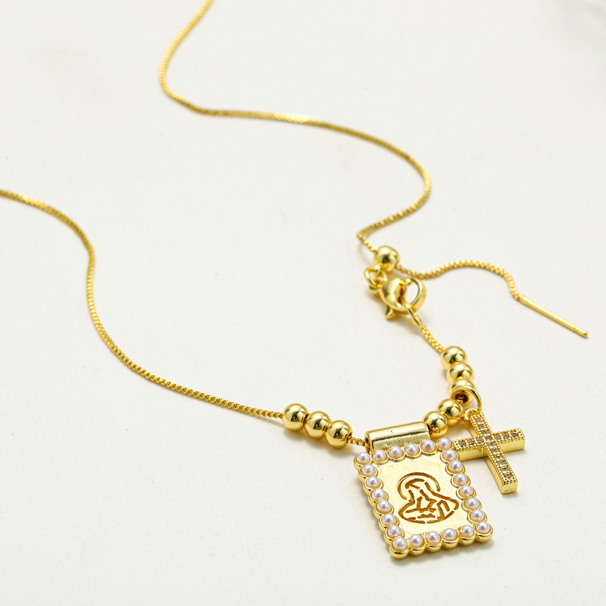 18K Gold Plated Copper Water Plated And Color Retention Imitation Pearl Cross Square Heart Shape (Jewelry) Waterproof Non-Fading Box Chain/Square Pearl Chain Pendant Necklace For Women Valentine's Day 8
