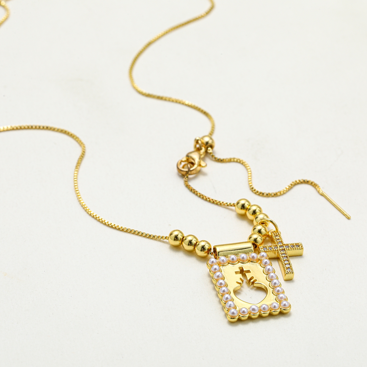 18K Gold Plated Copper Water Plated And Color Retention Imitation Pearl Cross Square Heart Shape (Jewelry) Waterproof Non-Fading Box Chain/Square Pearl Chain Pendant Necklace For Women Valentine's Day 9