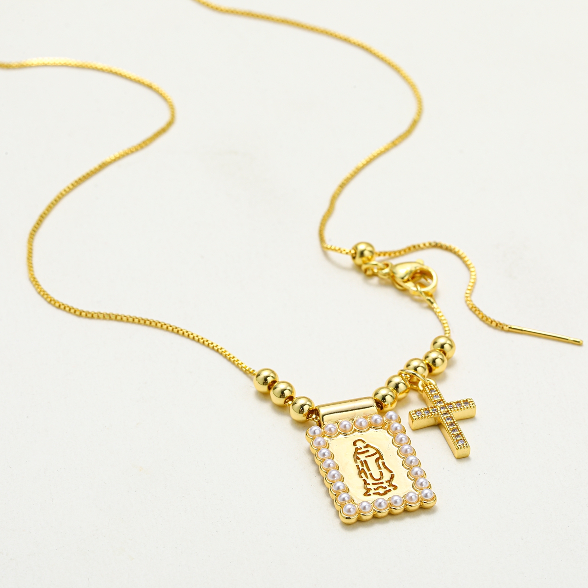 18K Gold Plated Copper Water Plated And Color Retention Imitation Pearl Cross Square Heart Shape (Jewelry) Waterproof Non-Fading Box Chain/Square Pearl Chain Pendant Necklace For Women Valentine's Day 10