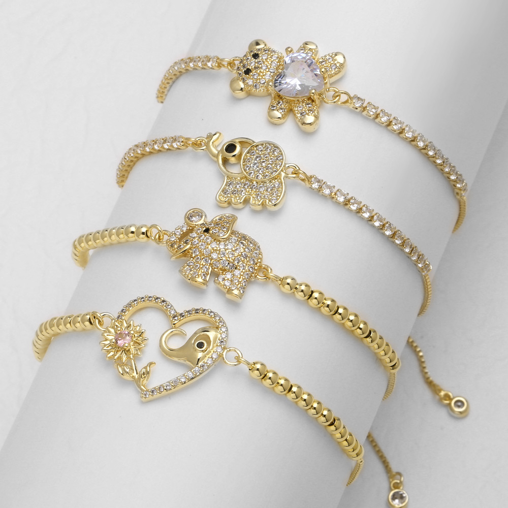 18K Gold Plated Copper Zircon Micro Inlaid Elephant Bear Heart Shape Pull Ring Bracelet For Women Simple Style Daily Wear Jewelry Accessories