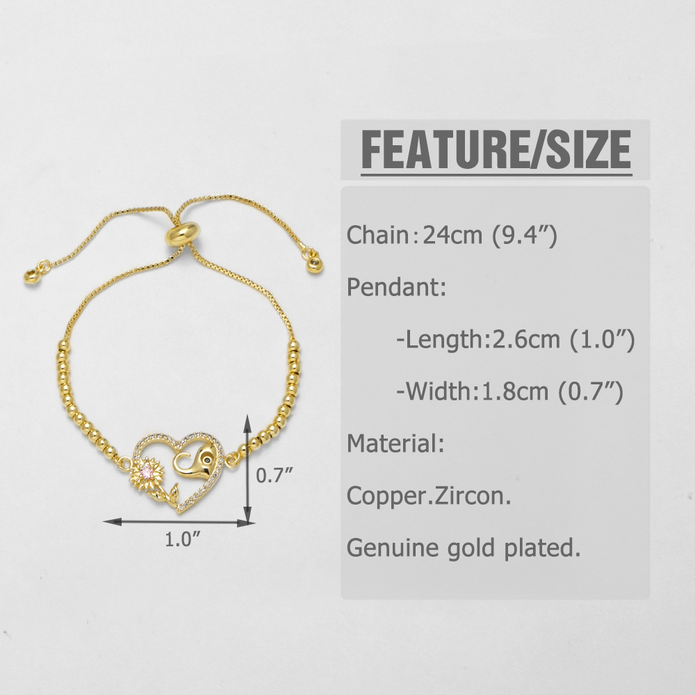 18K Gold Plated Copper Zircon Micro Inlaid Elephant Bear Heart Shape Pull Ring Bracelet For Women Simple Style Daily Wear Jewelry Accessories 2