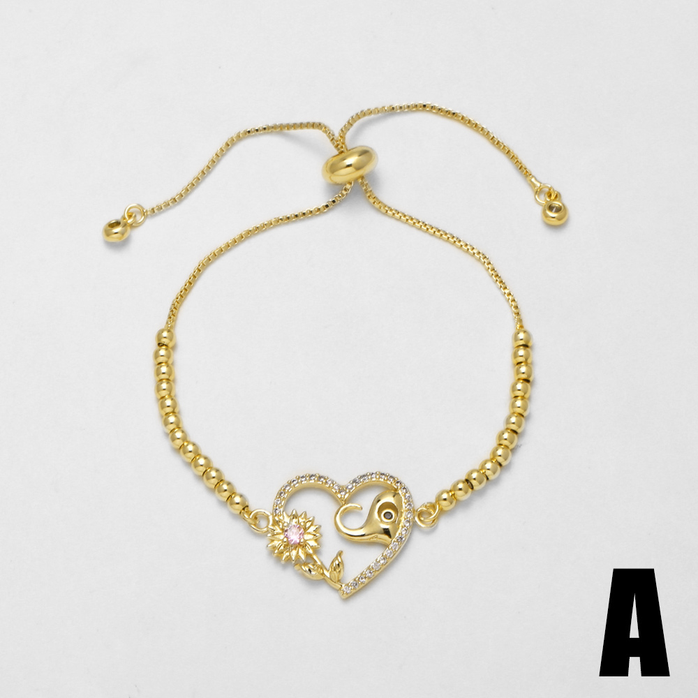 18K Gold Plated Copper Zircon Micro Inlaid Elephant Bear Heart Shape Pull Ring Bracelet For Women Simple Style Daily Wear Jewelry Accessories 5