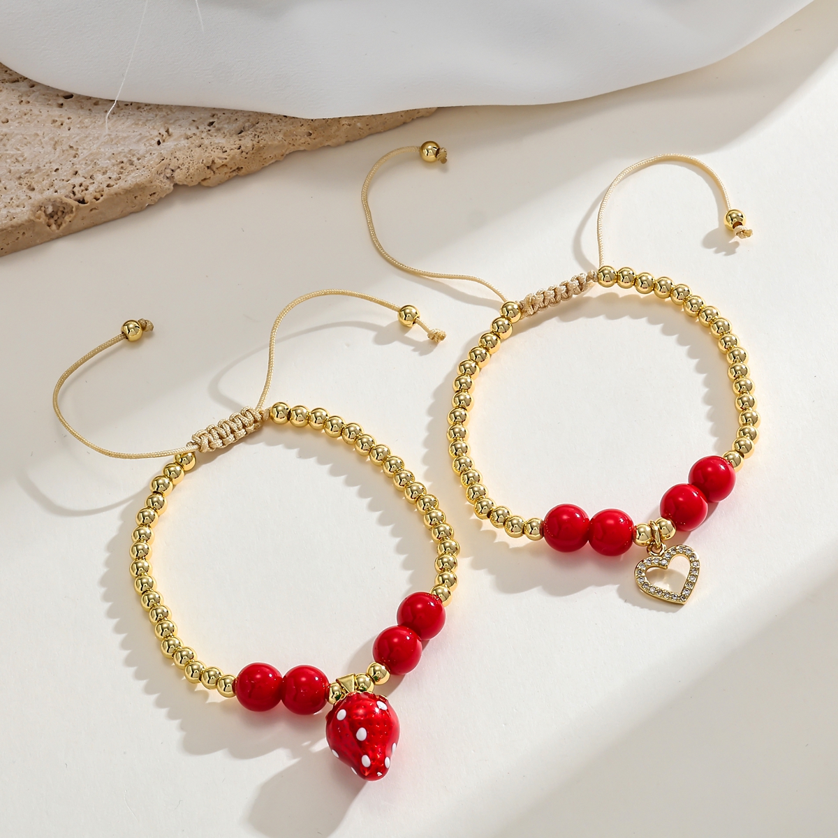 18K Gold Plated Strawberry Heart Casual Pastoral Beaded Oil Drop Rope Copper Bracelet