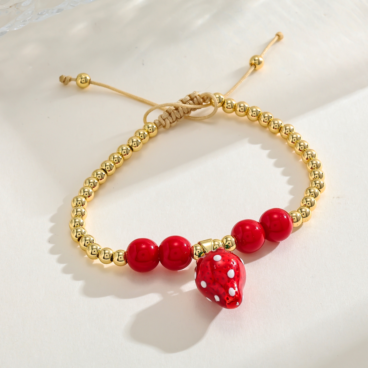 18K Gold Plated Strawberry Heart Casual Pastoral Beaded Oil Drop Rope Copper Bracelet 4