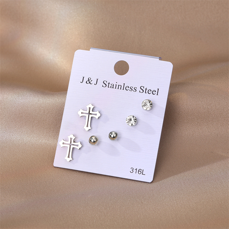 Elegant Cross Stud Earrings With Electroplated Inlay Design Featuring 304 Stainless Steel Posts For Unisex Wear