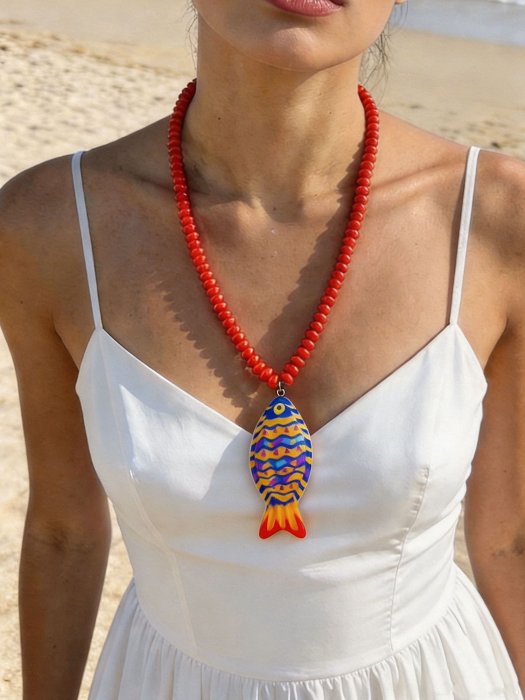Electroplated Fish Pendant Necklace For Women Featuring Resin Pendant And Beaded Chain