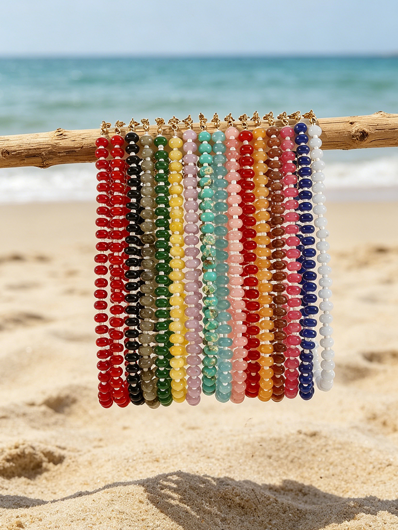 Unisex Bohemian Geometric Necklace With Multicolor Natural Stone Beading And Cord In Chain