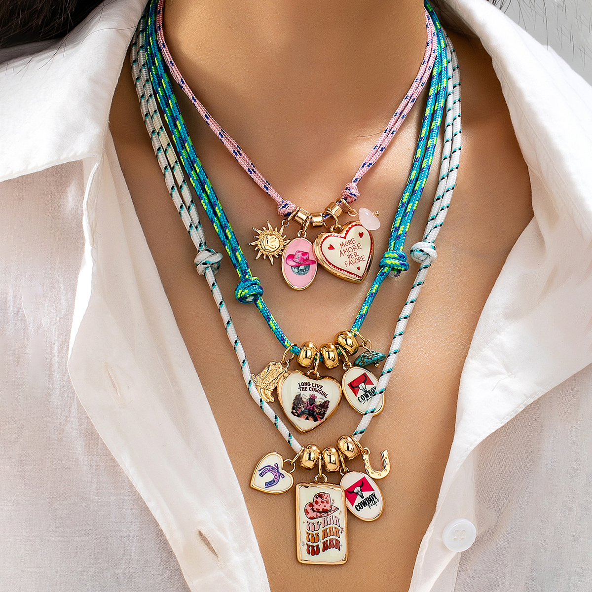 Asymmetrical Printing Necklace For Women In Golden Plated Alloy With Cord In Chain Design